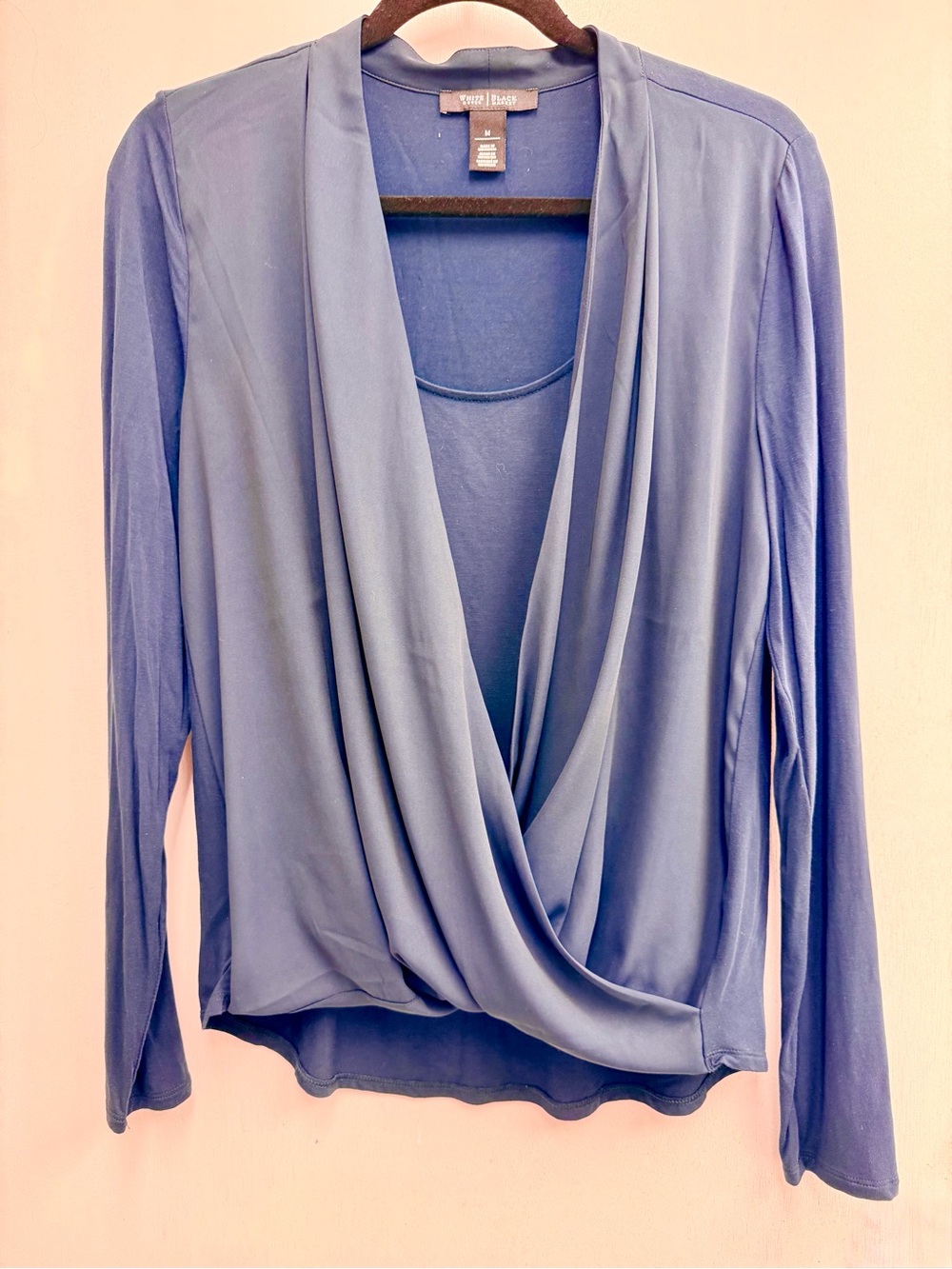 White House Black Market Navy Blue Draped Wrap Long-Sleeve Top